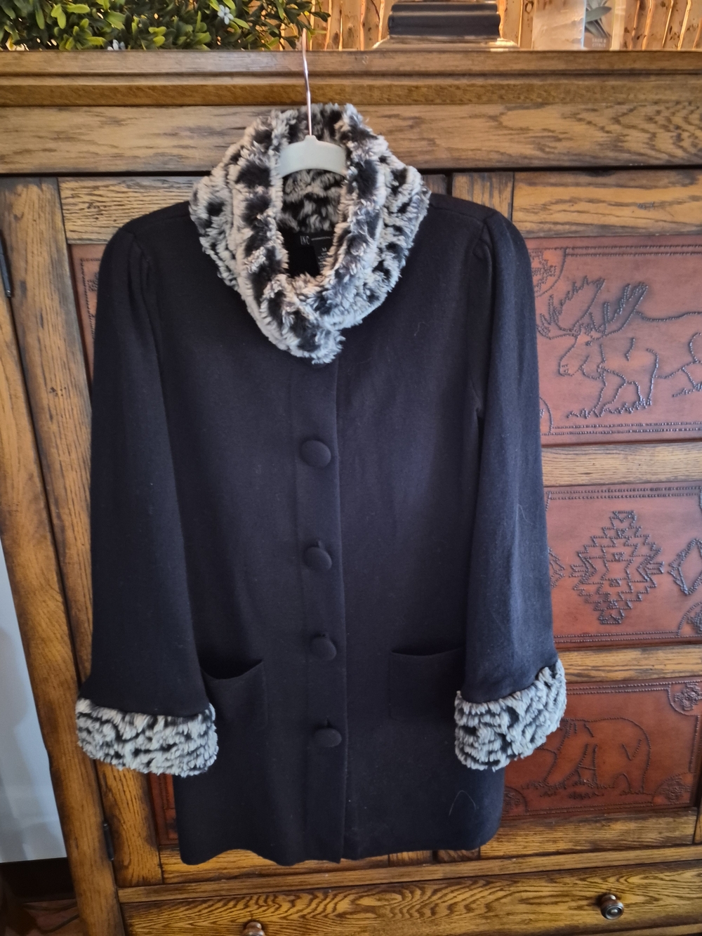 INC International Concepts Black Pea Coat with Gray Faux Fur Trim